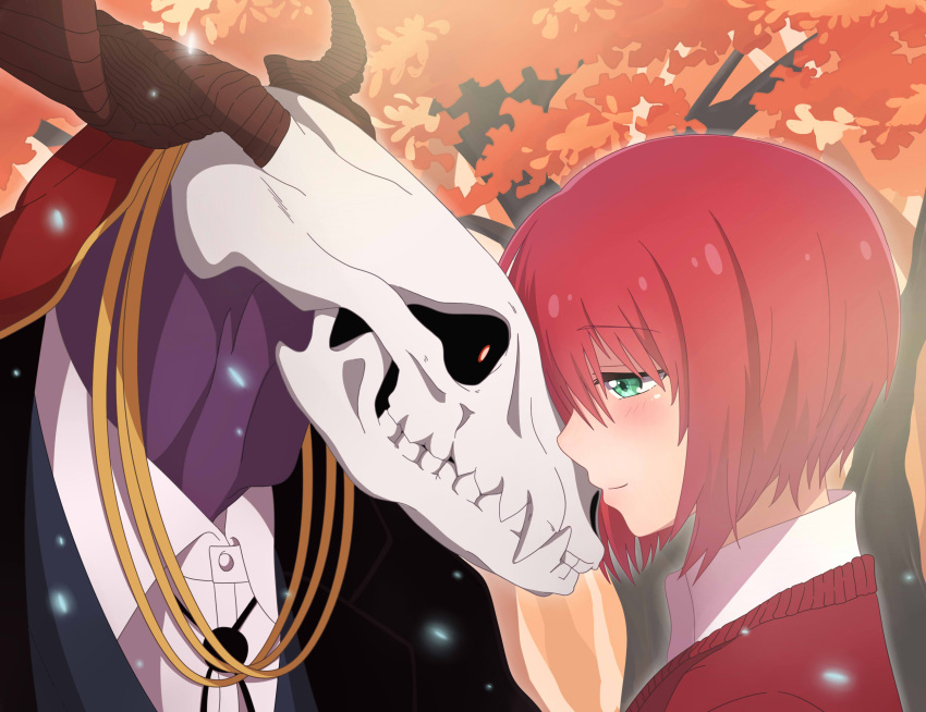 1boy 1girl animal_skull autumn_leaves blazer blush bolo_tie closed_mouth collared_shirt ellias_ainsworth eyebrows_visible_through_hair forehead-to-forehead green_eyes hair_between_eyes hatori_chise highres horns jacket kukie-nyan looking_at_another mahou_tsukai_no_yome red_eyes redhead shirt sideways_mouth smile tree upper_body white_shirt wing_collar