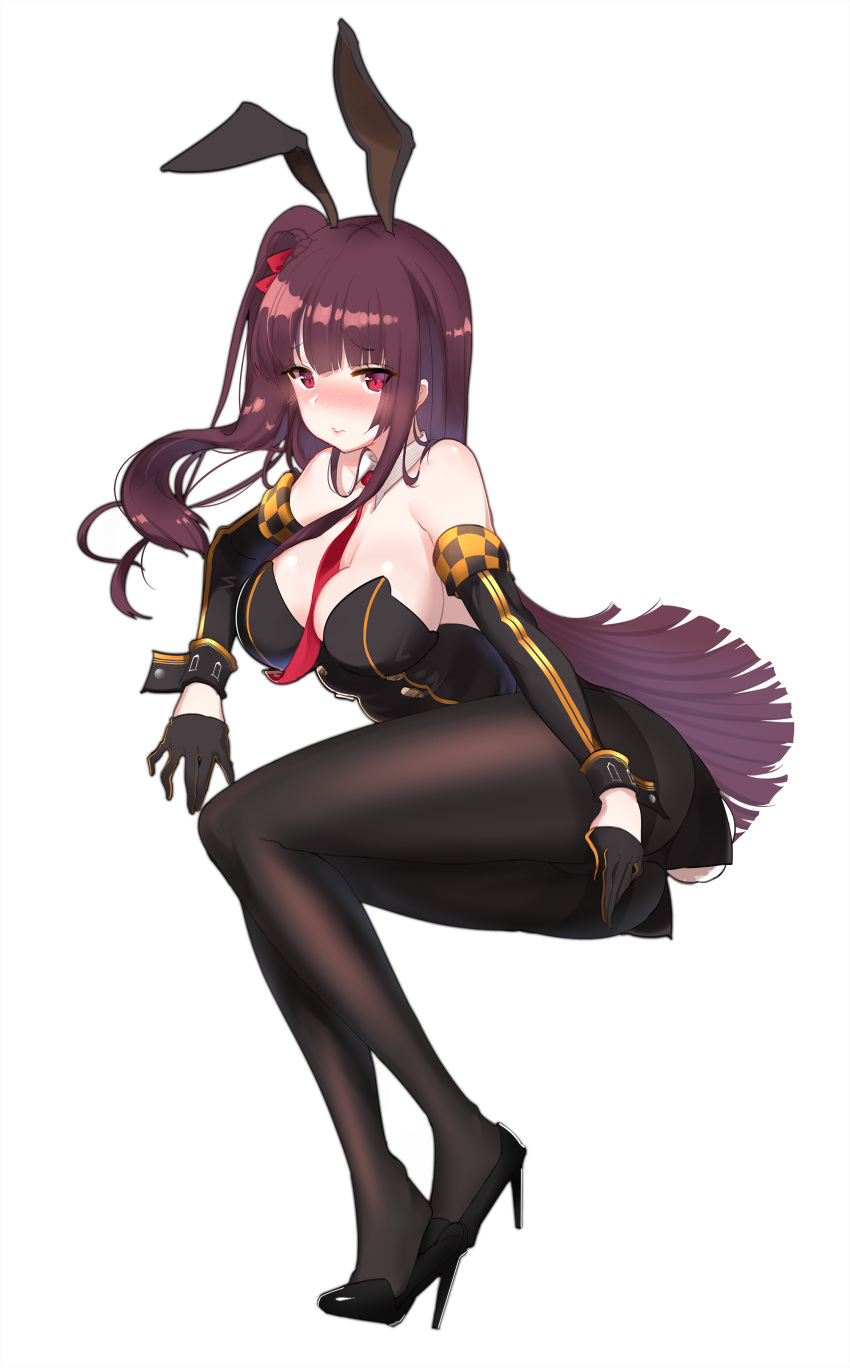 1girl absurdres animal_ears bare_shoulders between_breasts black_panties blush breasts bunny_tail bunnysuit cleavage covering covering_crotch detached_sleeves girls_frontline gloves hair_ribbon high_heels highres large_breasts lips long_hair looking_at_viewer necktie necktie_between_breasts panties pantyhose purple_hair rabbit_ears ribbon solo tail tigersaber transparent_background underwear wa2000_(girls_frontline)