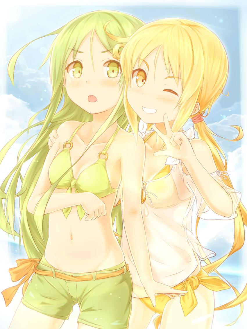 2girls absurdres arm_around_back bikini blonde_hair blush breasts brown_eyes camisole clouds collarbone cowboy_shot day eyebrows_visible_through_hair front-tie_top green_bikini_top green_eyes green_hair green_shorts grin hair_between_eyes hand_on_another's_arm head_tilt highres kantai_collection lens_flare long_hair looking_at_viewer low_twintails multiple_girls nagatsuki_(kantai_collection) navel one_eye_closed outdoors satsuki_(kantai_collection) see-through shorts side-tie_bikini sky small_breasts smile suzushiro_(gripen39) swimsuit twintails very_long_hair w yellow_bikini
