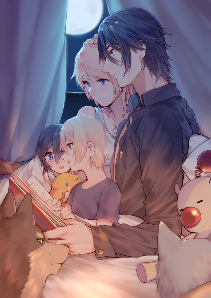 2boys 2girls :d absurdres animal aqua_eyes bare_shoulders bedroom black_hair black_shirt blanket blue_eyes blush book braid chocobo collarbone collared_shirt crescent crown_braid curtains dog dress_shirt eyebrows_visible_through_hair family final_fantasy final_fantasy_xv from_side full_moon hair_between_eyes hetero highres holding holding_book husband_and_wife if_they_mated indoors jewelry long_sleeves lunafreya_nox_fleuret moogle moon multiple_boys multiple_girls necklace night night_sky noctis_lucis_caelum on_bed open_book open_mouth pendant pillow profile pryna_(ff15) reading scar shirt short_sleeves siblings sitting sky sleeveless smile star_(sky) stuffed_animal stuffed_bird stuffed_toy t-shirt umbra_(ff15) window yorukun