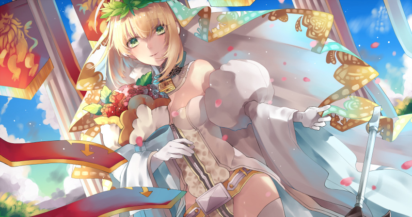 1girl aestus_estus bangs banner belt blonde_hair blue_sky bouquet breasts bridal_veil cleavage clouds cloudy_sky day dutch_angle eyebrows_visible_through_hair fate/extra fate/extra_ccc fate/grand_order fate_(series) flower gloves green_eyes hair_between_eyes highres holding holding_bouquet ichinosenen laurel_crown leotard medium_breasts outdoors red_rose rose saber_bride saber_extra short_hair_with_long_locks sidelocks sky solo sword veil weapon white_gloves