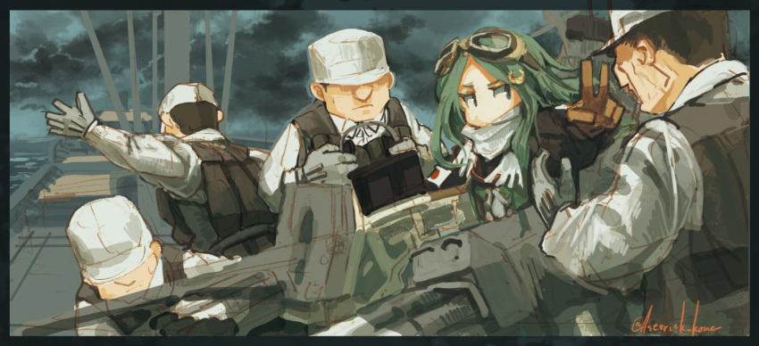 1girl 4boys brown_hair commentary_request crescent crescent_hair_ornament faceless faceless_male gloves goggles goggles_on_head green_hair hair_ornament hat kantai_collection kome long_hair machinery multiple_boys nagatsuki_(kantai_collection) twitter_username v windowboxed