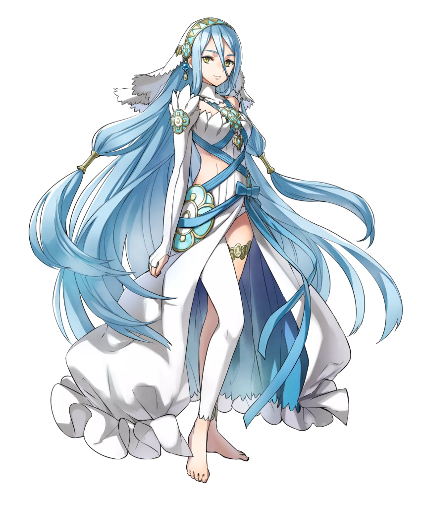 1girl anklet aqua_(fire_emblem_if) artist_request asymmetrical_legwear bare_shoulders barefoot blue_hair blue_ribbon breasts detached_sleeves dress feet fingerless_gloves fire_emblem fire_emblem_heroes fire_emblem_if gem gloves headband highres jewelry light_smile lips long_hair looking_to_the_side medium_breasts official_art pendant ribbon sidelocks solo strapless strapless_dress thighlet toes transparent_background veil very_long_hair white_dress white_legwear yellow_eyes