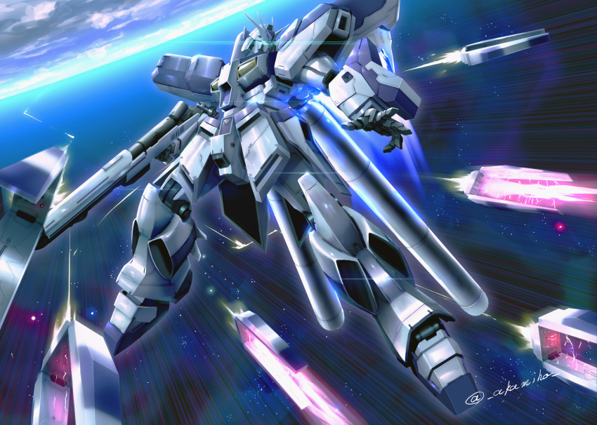 akamiho beam_rifle char's_counterattack char's_counterattack_-_beltorchika's_children charging charging_(attack) clouds cloudy_sky energy_gun fin_funnels firing flying funnels glowing glowing_eyes green_eyes gundam hi-nu_gundam highres looking_at_another mecha no_humans ocean open_hand sky twitter_username weapon