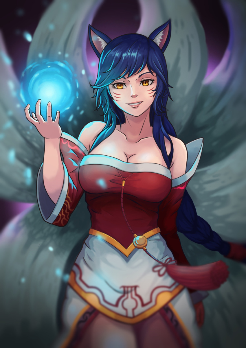 1girl ahri animal_ears bare_shoulders black_hair breasts cleavage detached_sleeves emubi facial_mark fox_ears fox_tail highres korean_clothes large_breasts league_of_legends lips long_hair multiple_tails slit_pupils solo tail whisker_markings yellow_eyes