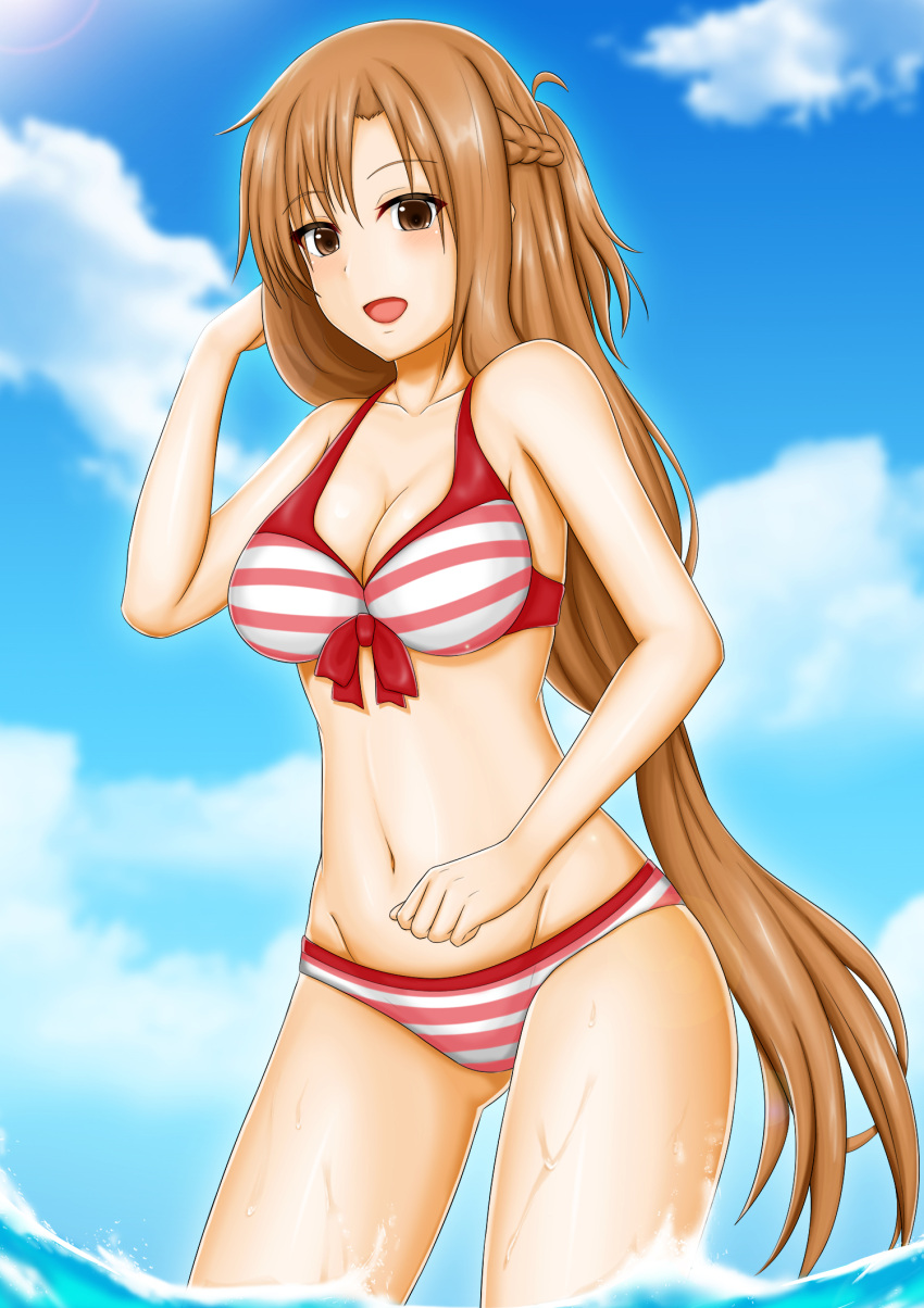 1girl :d abukobato asuna_(sao) bare_arms bare_shoulders bikini blush breasts brown_eyes brown_hair cleavage collarbone cowboy_shot day gluteal_fold groin half_updo highres long_hair looking_at_viewer medium_breasts navel ocean open_mouth outdoors partially_submerged smile solo standing stomach striped striped_bikini swimsuit sword_art_online very_long_hair