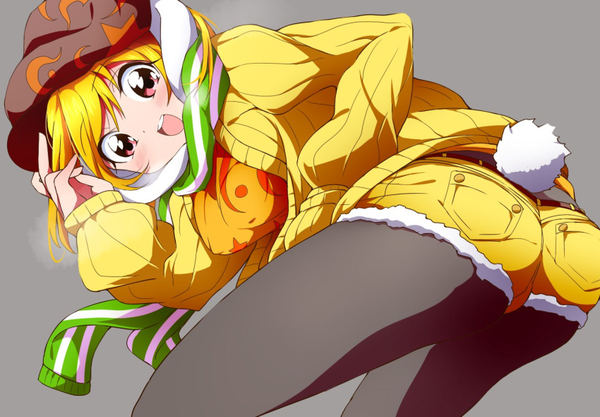 1girl animal_ears ass black_legwear blonde_hair bunny_tail bwell commentary_request green_scarf hat pantyhose pantyhose_under_shorts rabbit_ears ribbed_sweater ringo_(touhou) scarf short_shorts shorts solo sweater tail touhou yellow_clothes yellow_sweater