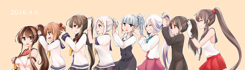 2016 6+girls :d :p ^_^ ^o^ absurdres ahoge alternate_hairstyle aqua_bowtie arm_warmers arms_up asashimo_(kantai_collection) bare_shoulders belt belt_buckle black_dress black_jacket black_skirt blush breasts brown_eyes brown_hair buckle buttons closed_eyes closed_mouth collared_shirt cowboy_shot dated double-breasted dress eyebrows_visible_through_hair flower from_side gloves grin hair_flower hair_ornament hair_ribbon hair_tie hairclip hairdressing hamakaze_(kantai_collection) hatsushimo_(kantai_collection) highres isokaze_(kantai_collection) jacket kantai_collection kasumi_(kantai_collection) long_hair long_sleeves looking_at_viewer looking_back looking_to_the_side medium_breasts mikazuki_(kantai_collection) multiple_girls neckerchief no_pants open_mouth orange_background pinafore_dress pink_skirt pleated_skirt ponytail profile red_eyes red_ribbon red_skirt ribbon sailor_collar school_uniform serafuku shirt short_ponytail short_sleeves sidelocks simple_background skirt sleeveless sleeveless_dress sleeveless_shirt smile standing suna_kiririto tareme tassel teeth tongue tongue_out tress_ribbon upper_body very_long_hair white_gloves white_shirt wing_collar yahagi_(kantai_collection) yamato_(kantai_collection) yellow_neckerchief yukikaze_(kantai_collection)
