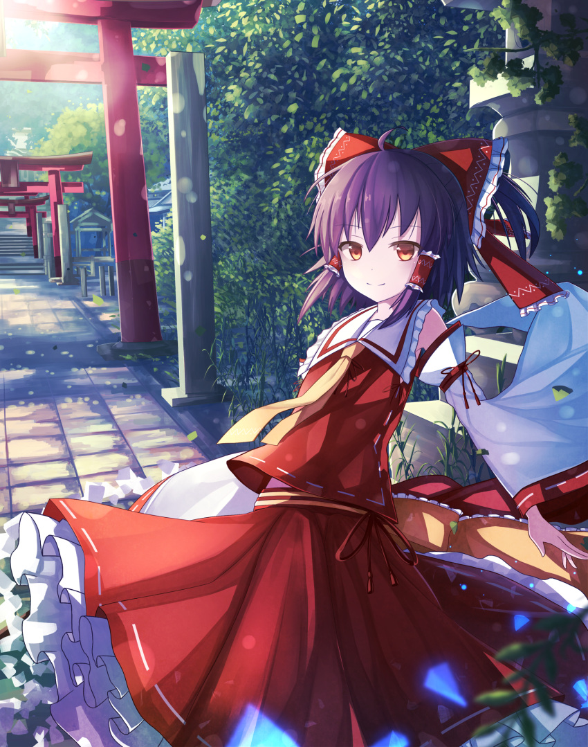 1girl ascot bow brown_hair bush dappled_sunlight day detached_sleeves frilled_skirt frills hair_bow hair_tubes hakurei_reimu highres japanese_clothes koyuki_ekaki looking_at_viewer miko outdoors ribbon-trimmed_sleeves ribbon_trim shrine skirt skirt_set smile solo sunlight torii touhou tree vanishing_point wide_sleeves wind