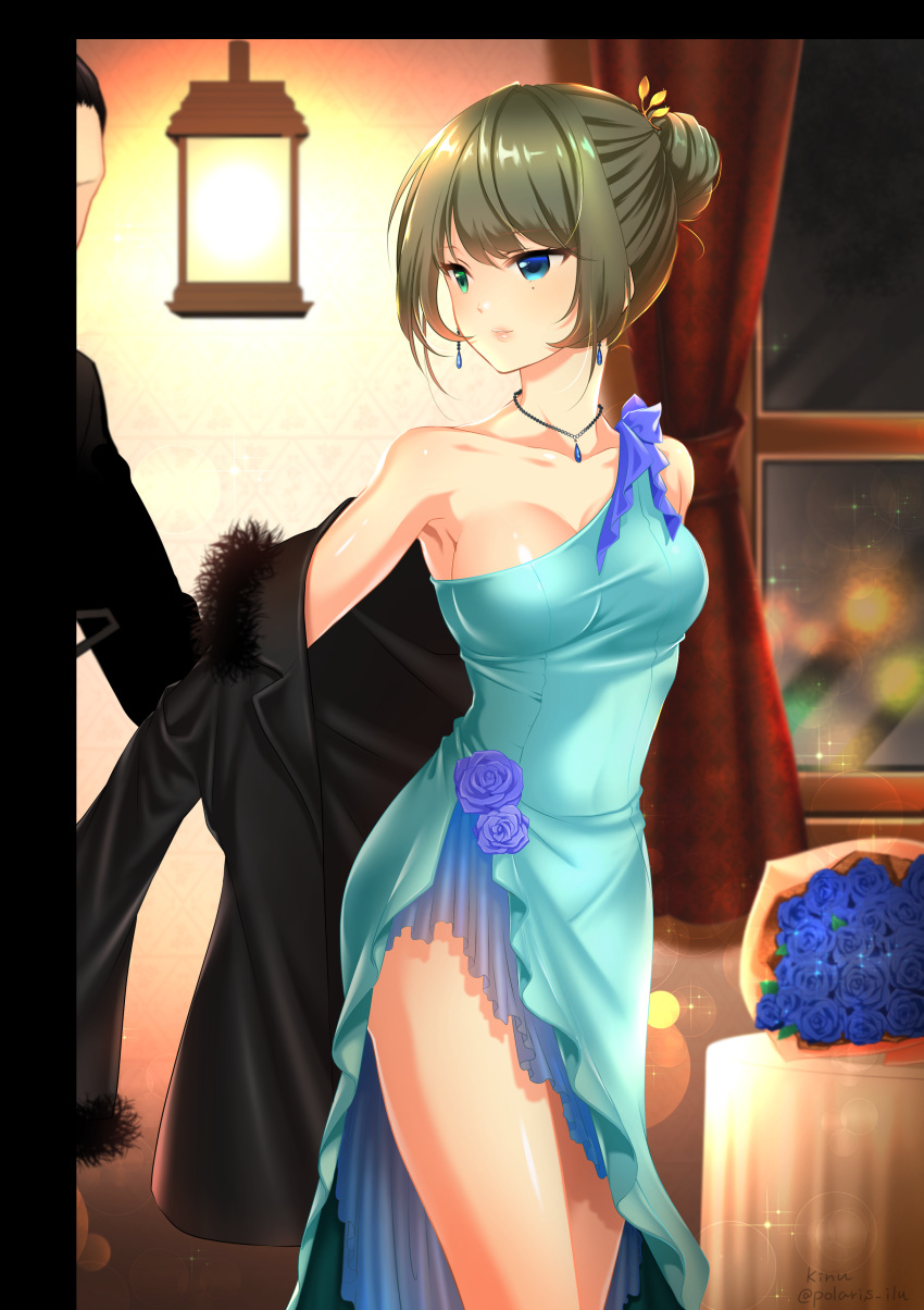 1boy 1girl absurdres alternate_hairstyle armpits bare_legs bare_shoulders blue_eyes blue_rose bouquet breasts brown_hair cleavage collarbone curtains dress earrings evening_gown flower formal green_eyes hair_bun hair_ornament hair_up heterochromia highres idolmaster idolmaster_cinderella_girls indoors jewelry lamp large_breasts legs light_blue_dress lips looking_back mole mole_under_eye neck necklace off_shoulder out_of_frame parted_lips rose shiny shiny_hair short_hair smile solo standing table takagaki_kaede window yuitanpo