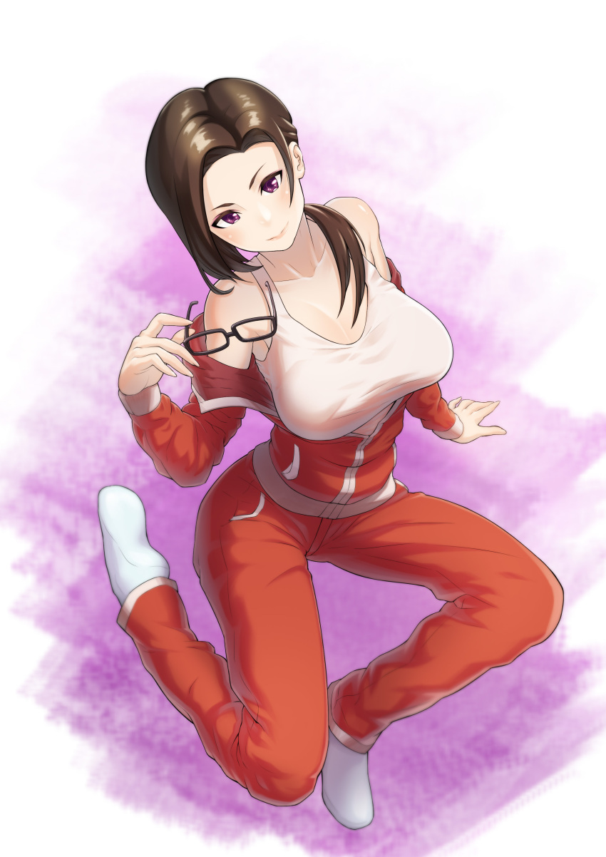 1girl absurdres arm_support avayosi1 bare_shoulders black_hair breasts demi-chan_wa_kataritai full_body glasses hair_over_shoulder highres holding holding_glasses large_breasts looking_at_viewer off_shoulder ponytail satou_sakie sitting smile solo tank_top track_suit violet_eyes white_legwear