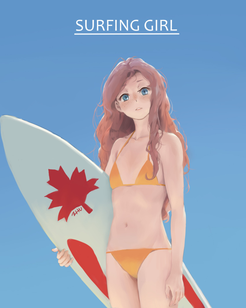 1girl arm_at_side artist_name bikini blue_background blush brown_hair collarbone cowboy_shot english flat_chest freckles head_tilt highres holding leaf_print legs_together long_hair looking_at_viewer maple_leaf_print navel orange_bikini original outdoors parted_lips signature simple_background sky solo standing stomach surfboard swimsuit wavy_hair