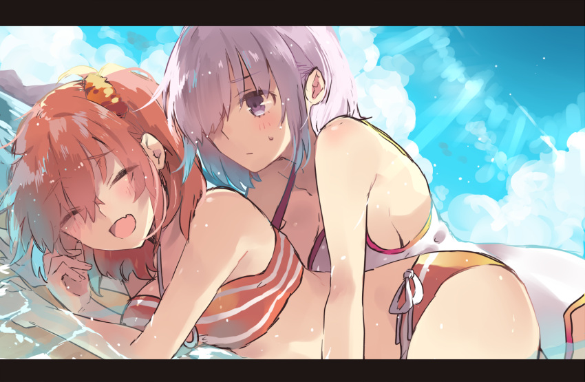 2girls :d ^_^ arm arm_support bangs bare_arms beach bikini blue_sky blush breasts closed_eyes closed_mouth clouds cloudy_sky day dutch_angle eyebrows_visible_through_hair fang fate/grand_order fate_(series) female_protagonist_(fate/grand_order) fujimaru_ritsuka_(female) girl_on_top hair_ornament hair_over_one_eye hair_scrunchie happy highres ichinosenen large_breasts lavender_hair letterboxed looking_at_another lying mash_kyrielight mashu_kyrielite medium_breasts multiple_girls o-ring_bikini ocean one-piece_swimsuit open_mouth orange_bikini orange_hair orange_swimsuit outdoors partially_submerged scrunchie shielder_(fate/grand_order) short_hair side-tie_bikini side_ponytail sky smile striped striped_bikini striped_swimsuit sweatdrop swimsuit type-moon violet_eyes white_swimsuit yuri