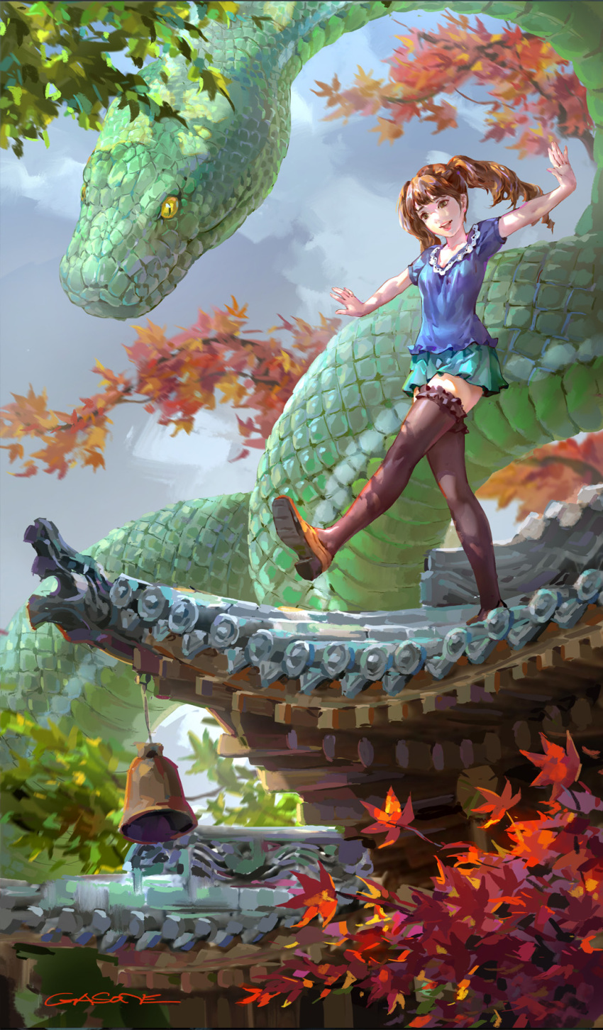 1girl artist_name autumn_leaves balancing bell black_legwear blue_shirt breasts brown_eyes brown_shoes day earrings green_skirt happy highres jewelry leaf loafers long_hair maple_leaf medium_breasts original outstretched_arms parted_lips pleated_skirt rooftop scales shengyi_sun shirt shoes short_sleeves skirt smile snake solo spread_arms standing standing_on_one_leg thigh-highs tree twintails walking zettai_ryouiki