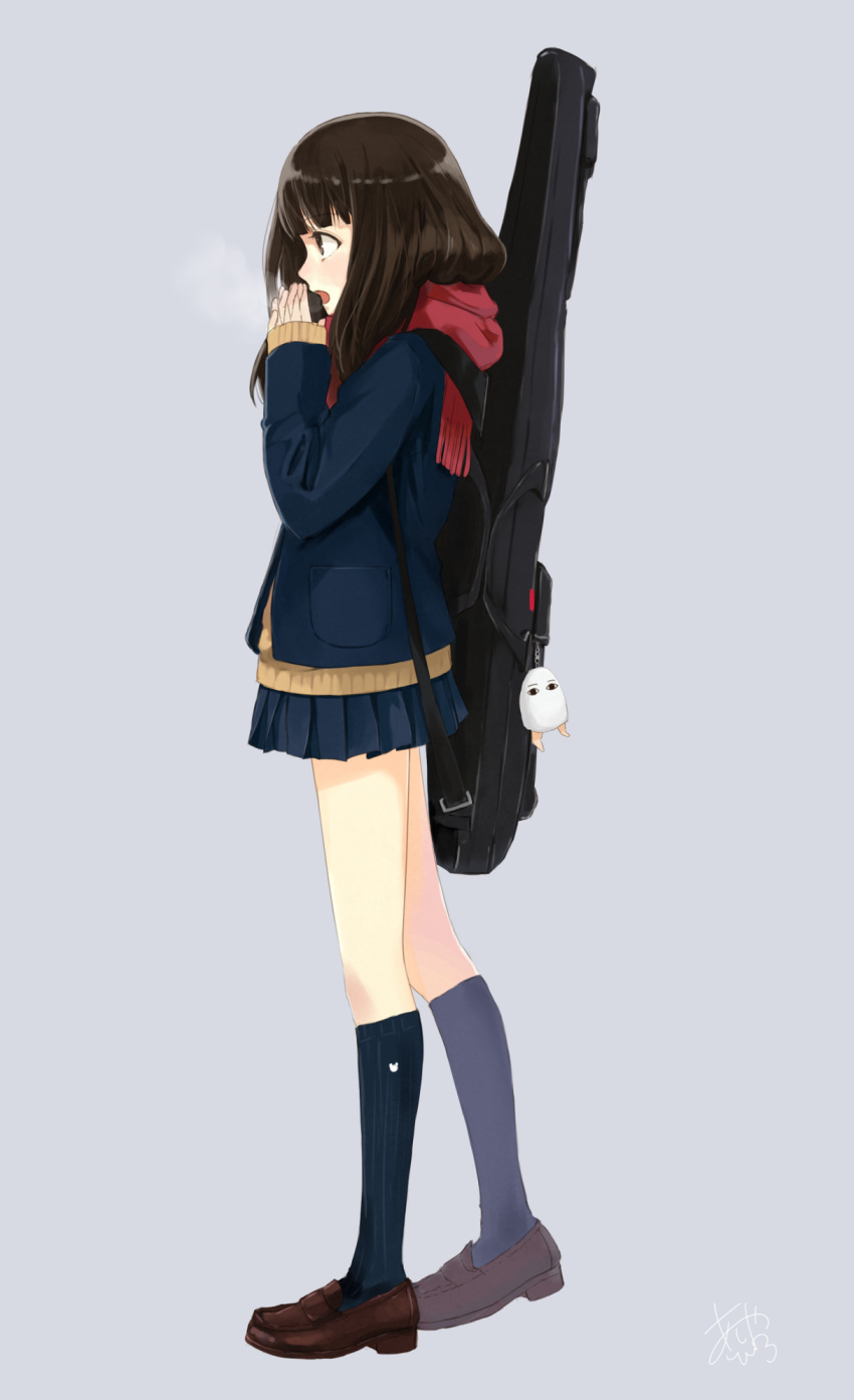 1girl artist_name ashiya_hiro blue_legwear breath brown_eyes brown_hair commentary_request egyptian_mythology enpera from_side full_body grey_background highres instrument_case jacket keychain kneehighs loafers long_hair long_sleeves medjed open_mouth original pleated_skirt pocket profile red_scarf scarf school_uniform shoes signature simple_background skirt solo steam