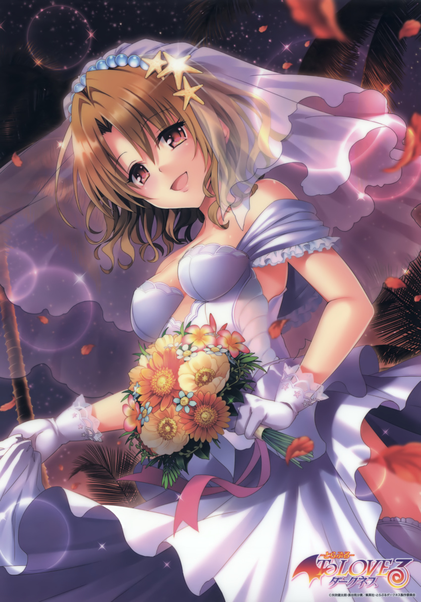 1girl :d absurdres bouquet breasts bridal_veil brown_eyes brown_hair cleavage copyright_name dress eyebrows_visible_through_hair flower from_below gloves hair_between_eyes hair_ornament highres holding holding_bouquet lens_flare long_hair looking_at_viewer momioka_risa open_mouth sleeveless sleeveless_dress small_breasts smile solo star star_hair_ornament to_love-ru veil wedding_dress white_dress white_gloves yabuki_kentarou