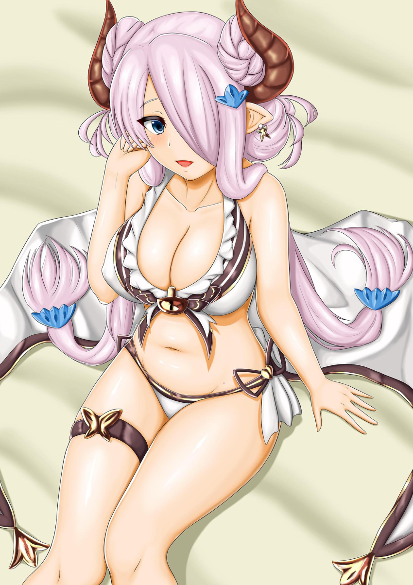 1girl :d abukobato bare_shoulders bikini blue_eyes blush breasts cleavage collarbone doraf double_bun earrings erect_nipples from_above granblue_fantasy groin hair_ornament hair_over_one_eye highres horns jewelry large_breasts lavender_hair long_hair looking_at_viewer looking_up low_twintails narumeia_(granblue_fantasy) navel open_mouth pointy_ears sarong sitting smile solo stomach swimsuit thigh_strap twintails very_long_hair white_bikini