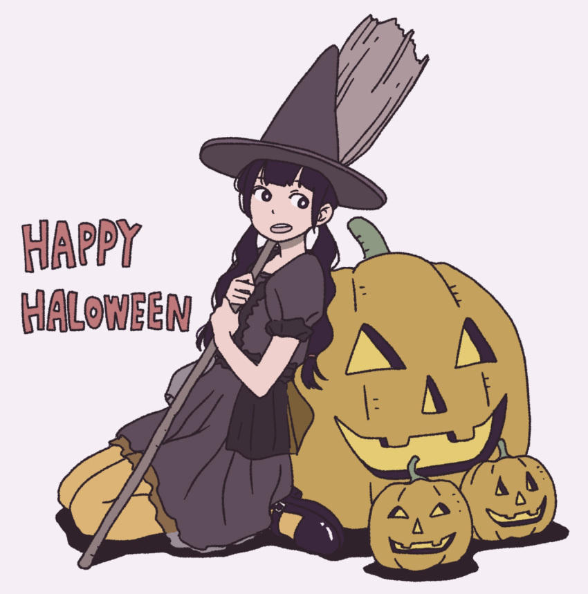 1girl black_dress black_hair black_shoes broom dress happy_halloween hat highres holding holding_broom hosoo jack-o'-lantern kneeling looking_to_the_side mary_janes monochrome muted_color open_mouth original pantyhose puffy_short_sleeves puffy_sleeves pumpkin shoes short_sleeves simple_background solo teeth text witch witch_hat yellow_legwear
