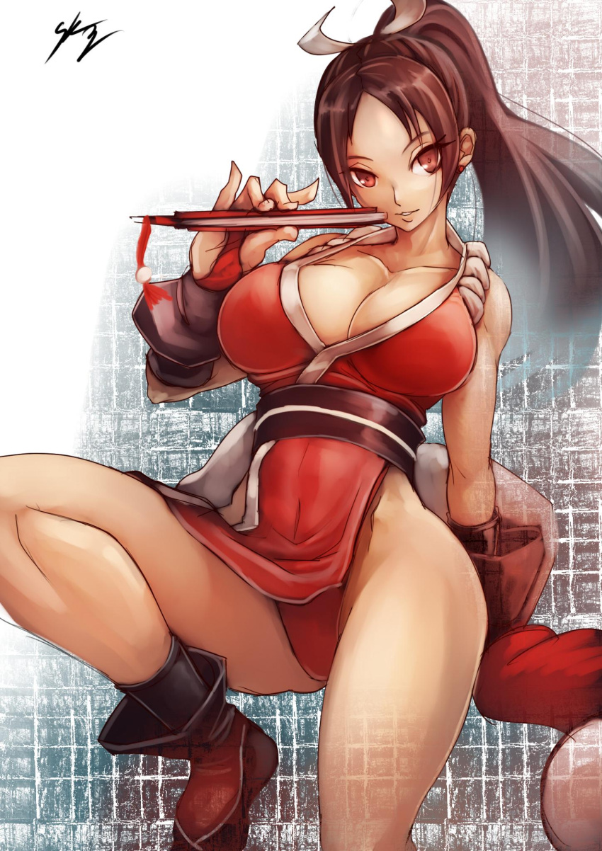 1girl boots breasts bridal_gauntlets brown_eyes brown_hair cleavage closed_fan collarbone covered_navel fan fatal_fury folding_fan hair_ribbon highres japanese_clothes large_breasts leg_up legs long_hair looking_at_viewer parted_lips pelvic_curtain ponytail revealing_clothes ribbon rope shiranui_mai smile solo sowel_(sk3) the_king_of_fighters white_ribbon