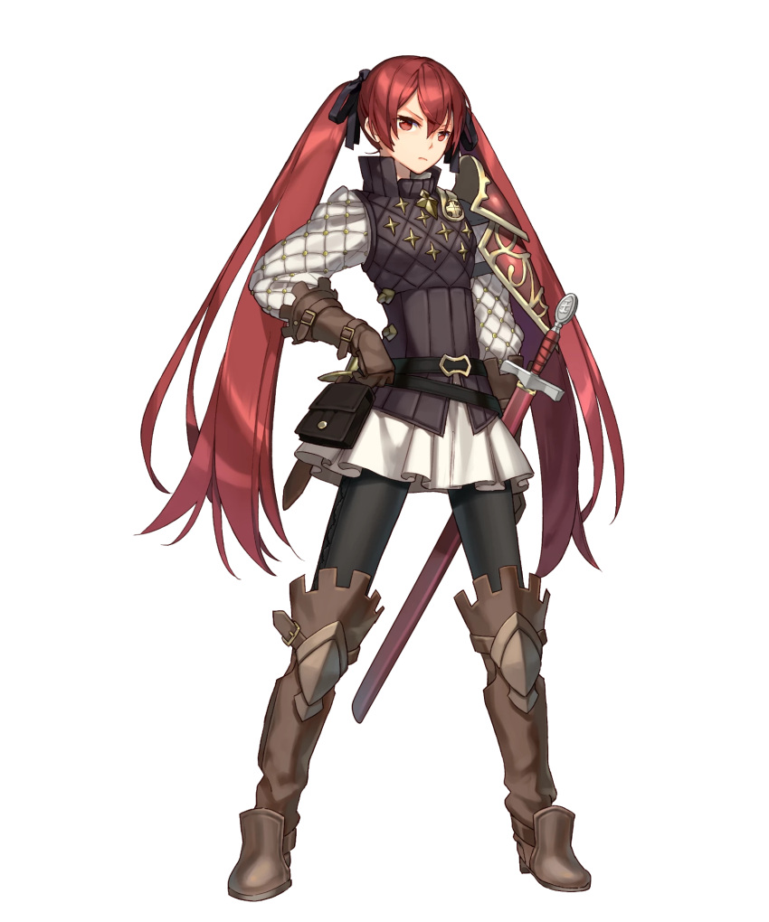 1girl belt black_legwear black_ribbon boots breasts brown_boots brown_shirt collar collared_shirt fire_emblem fire_emblem_heroes fire_emblem_if hair_ribbon hand_on_hip highres knee_boots long_hair luna_(fire_emblem_if) mercenary_(fire_emblem) multiple_belts official_art pantyhose pauldrons red_eyes redhead ribbon shirt single_pauldron skirt small_breasts solo sword transparent_background tsundere twintails undershirt very_long_hair weapon white_skirt zaza_(x-can01)