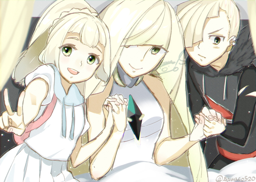 &gt;:/ 1boy 2girls :/ :d bangs bare_arms bare_shoulders bed blanket blonde_hair blunt_bangs braid breasts brother_and_sister closed_mouth diamond_(shape) dress earrings family fingernails french_braid gem gladio_(pokemon) green_eyes hand_holding high_ponytail highres hood hood_down hoodie indoors interlocked_fingers jewelry light_particles lillie_(pokemon) long_hair long_sleeves looking_at_viewer looking_away looking_down lusamine_(pokemon) medium_breasts mother_and_daughter mother_and_son multiple_girls open_mouth pleated_skirt pokemon pokemon_(game) pokemon_sm sawaco_(sawaco520) shirt short_hair short_sleeves siblings skirt sleeveless sleeveless_dress smile spoilers teeth tongue torn_clothes turtleneck twitter_username v very_long_hair white_dress white_shirt white_skirt