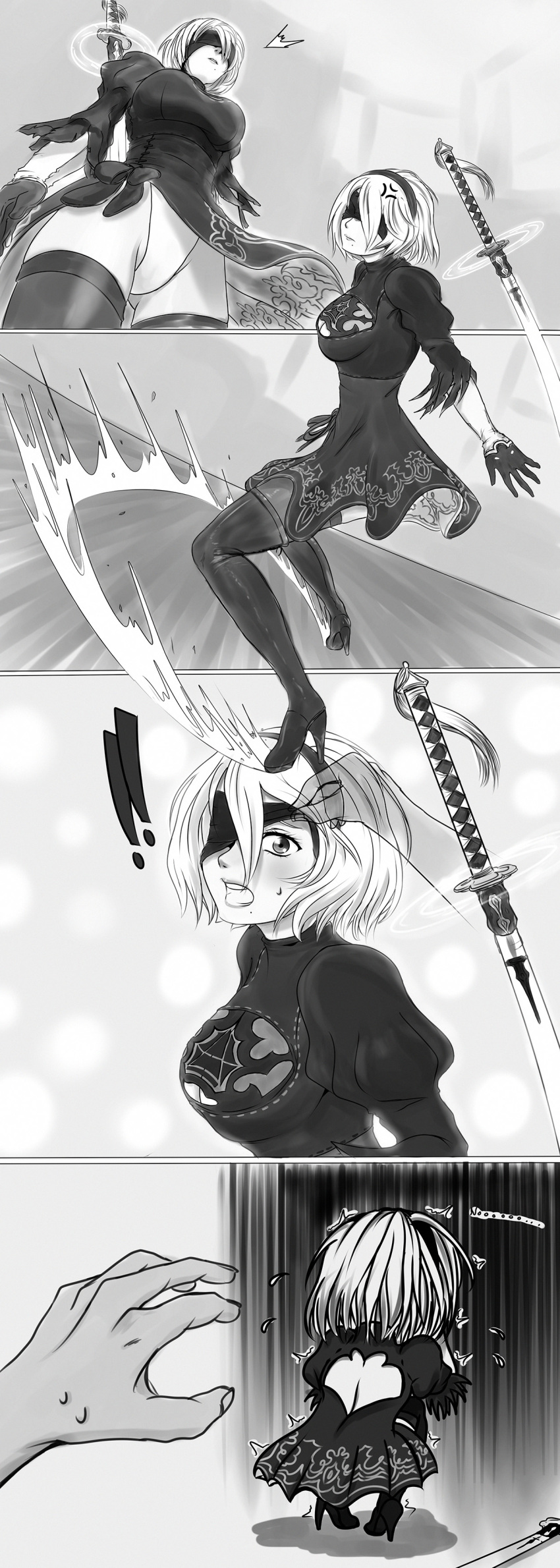 !! /\/\/\ 1girl 4koma absurdres anger_vein black_dress blindfold blindfold_lift blush boots breasts chibi comic commentary_request cowering dress embarrassed english flying_sweatdrops groin hairband head_tilt high_heels highres looking_at_viewer medium_breasts mole mole_under_mouth monochrome nier_(series) nier_automata parted_lips pleated_skirt puffy_sleeves skirt sliding solo_focus squatting surprised sweatdrop sword thigh-highs thigh_boots trembling viperxtr weapon yorha_no._2_type_b