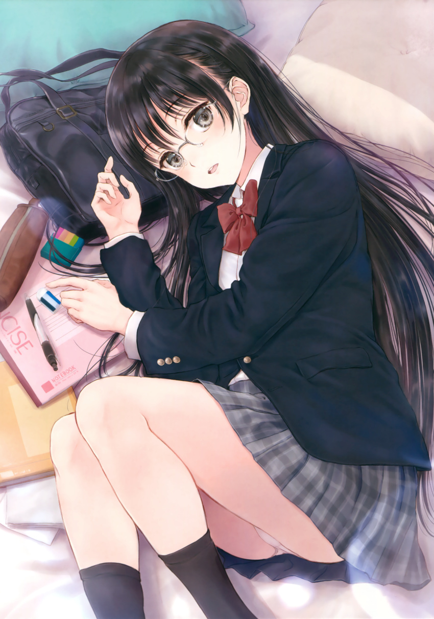 1girl absurdres ass bad_id bad_pixiv_id bag bangs black_eyes black_hair black_legwear blazer blush commentary_request eraser fetal_position from_above fujita_hidetoshi glasses highres jacket kneehighs long_hair looking_at_viewer lying notebook on_side open_mouth original panties pantyshot pantyshot_(lying) pen pleated_skirt school_bag school_uniform skirt smile solo underwear white_panties