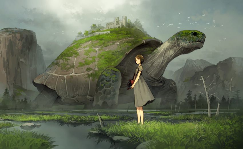 1girl animal bare_legs bare_tree bird breasts brown_eyes brown_hair building camera castle cliff clouds cloudy_sky commentary_request day dress expressionless full_body grass grey_dress highres moss mountain outdoors oversized_animal plant reptile rock scenery short_hair short_sleeves sky small_breasts swamp tree turtle water yoshida_seiji