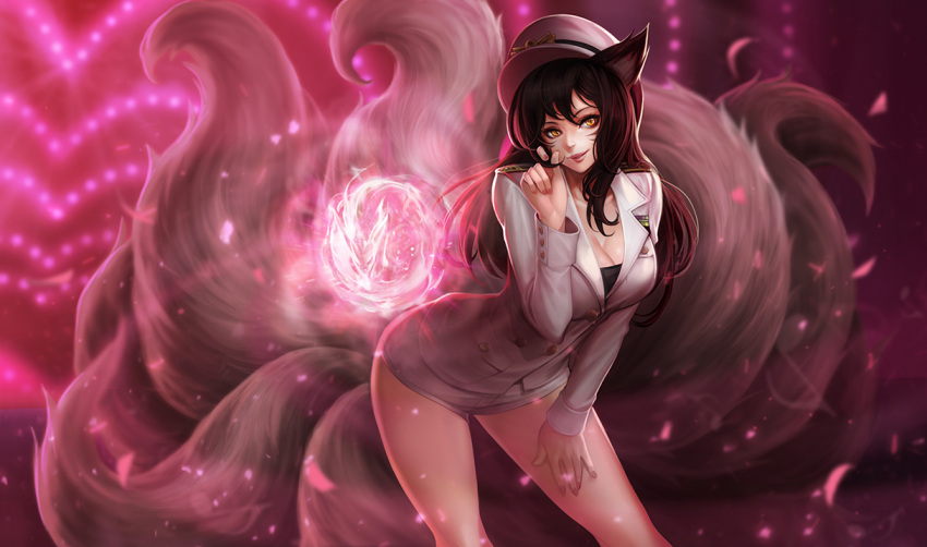 1girl ahri alternate_costume animal_ears bangs black_hair blurry breasts buttons cleavage closed_mouth confetti contrapposto depth_of_field energy_ball eyelashes facial_mark fox_ears fox_tail generation_ahri girls'_generation goomrrat hair_between_eyes hand_on_own_thigh hat jacket league_of_legends leaning_forward lipstick long_hair long_sleeves looking_at_viewer makeup medium_breasts multiple_tails neon_lights peaked_cap red_lips short_shorts shorts slit_pupils sm_entertainment smile smirk solo tail whisker_markings white_hat white_jacket white_shorts yellow_eyes