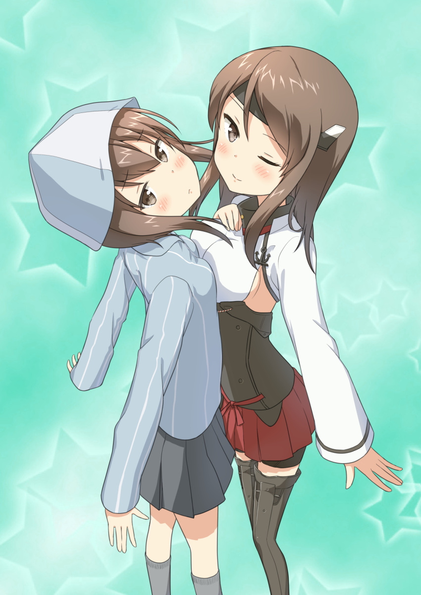2girls anchor asymmetrical_docking bangs black_boots blue_shirt boots breast_press breasts brown_eyes brown_hair commentary_request cosplay costume_switch dress_shirt flat_chest girls_und_panzer grey_legwear grey_skirt headband highres kantai_collection light_smile long_hair long_sleeves looking_at_viewer medium_breasts mika_(girls_und_panzer) mika_(girls_und_panzer)_(cosplay) miniskirt miyabeeya multiple_girls noto_mamiko one_eye_closed pleated_skirt red_skirt school_uniform seiyuu_connection shirt shorts_under_skirt sideboob skirt socks standing striped striped_shirt taihou_(kantai_collection) taihou_(kantai_collection)_(cosplay) thigh-highs thigh_boots vertical-striped_shirt vertical_stripes white_shirt