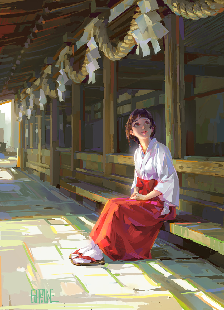 1girl architecture brown_hair building day east_asian_architecture hands_on_lap highres japanese_clothes kimono long_sleeves original sandals sash shaded_face shengyi_sun short_hair sitting socks solo vanishing_point wide_sleeves