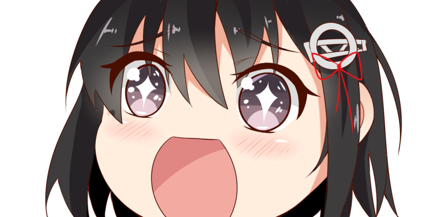 +_+ 1girl black_hair close-up eyebrows_visible_through_hair haguro_(kantai_collection) hair_between_eyes hair_ornament kantai_collection looking_at_viewer no_nose open_mouth short_hair simple_background sin-poi solo sparkling_eyes symbol-shaped_pupils violet_eyes white_background