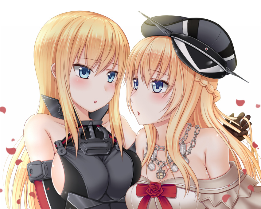 2girls bare_shoulders bismarck_(kantai_collection) blonde_hair blue_eyes braid breasts brown_gloves detached_sleeves dress french_braid gloves hanazome_dotera hat hat_removed headwear_removed iron_cross kantai_collection long_hair long_sleeves looking_at_another military military_hat military_uniform multiple_girls off-shoulder_dress off_shoulder peaked_cap petals sideboob thigh-highs uniform warspite_(kantai_collection) yuri