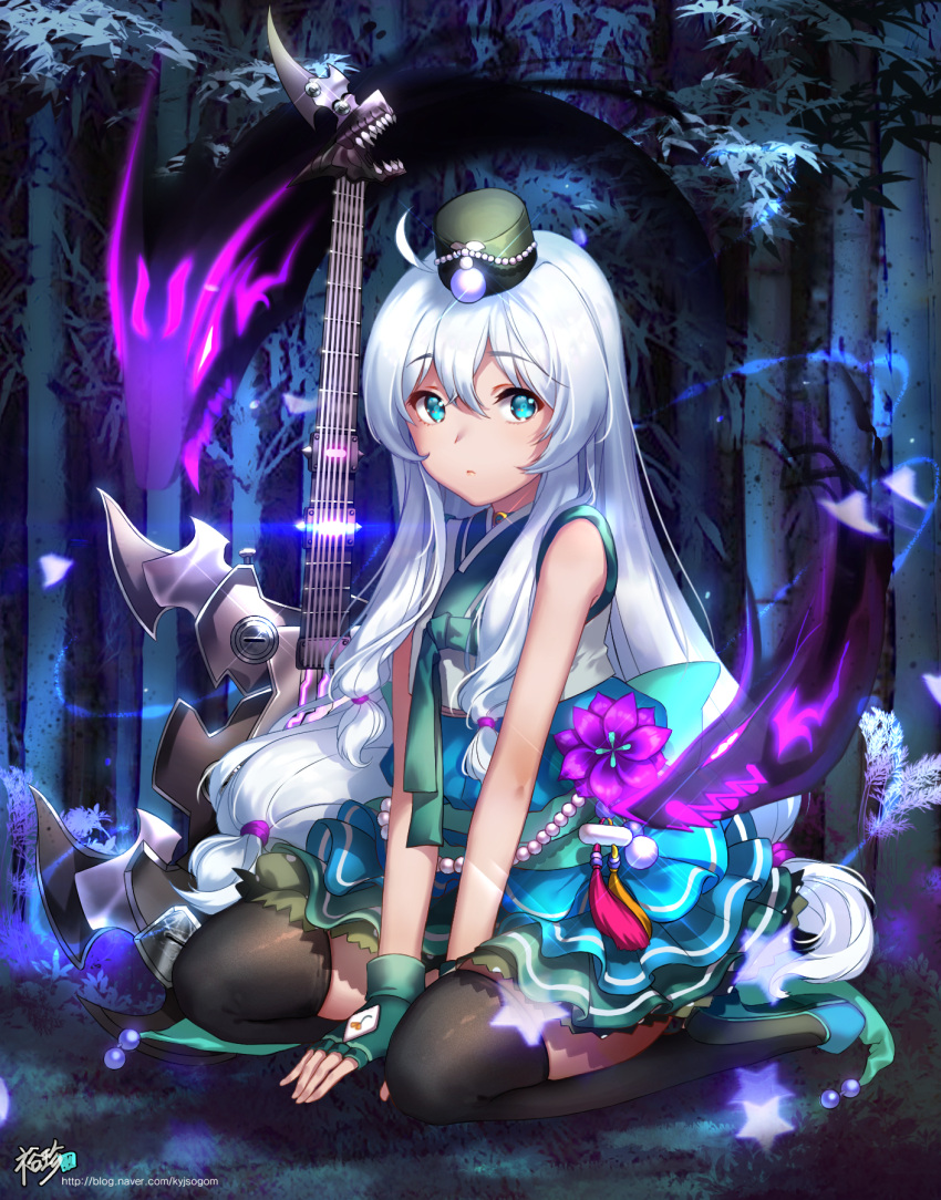 1girl ahoge animal_ears black_legwear blue_eyes eyebrows_visible_through_hair fingerless_gloves forest gloves green_gloves green_skirt guitar hair_between_eyes hair_ornament hat highres instrument jewelry kyjsogom layered_skirt long_hair looking_at_viewer low-tied_long_hair magic mini_hat nature necklace outdoors purple_flower silver_hair skirt sleeveless solo soul_worker thigh-highs tree very_long_hair watermark
