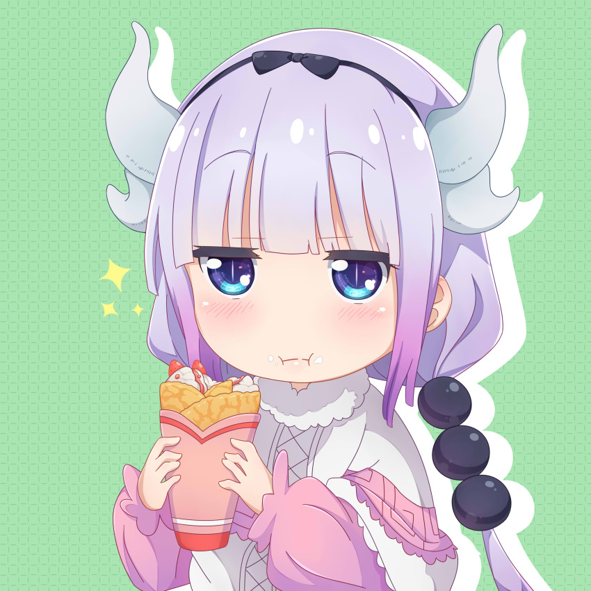 1girl :i absurdres blue_eyes blush capelet closed_mouth crepe dragon_girl dragon_horns eyebrows_visible_through_hair food food_on_face fruit gradient_hair grey_background hairband highres holding holding_food horns jitome kanna_kamui kobayashi-san_chi_no_maidragon kukie-nyan lavender_hair long_sleeves low_twintails multicolored_hair silhouette slit_pupils solo sparkle strawberry tail twintails upper_body