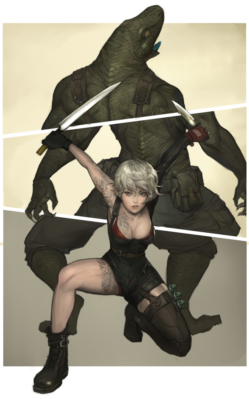 1girl absurdres blonde_hair boots breasts cleavage dual_wielding gloves highres knife lips lizardman mismatched_sleeves namgwon_lee parted_lips short_hair tattoo thigh-highs