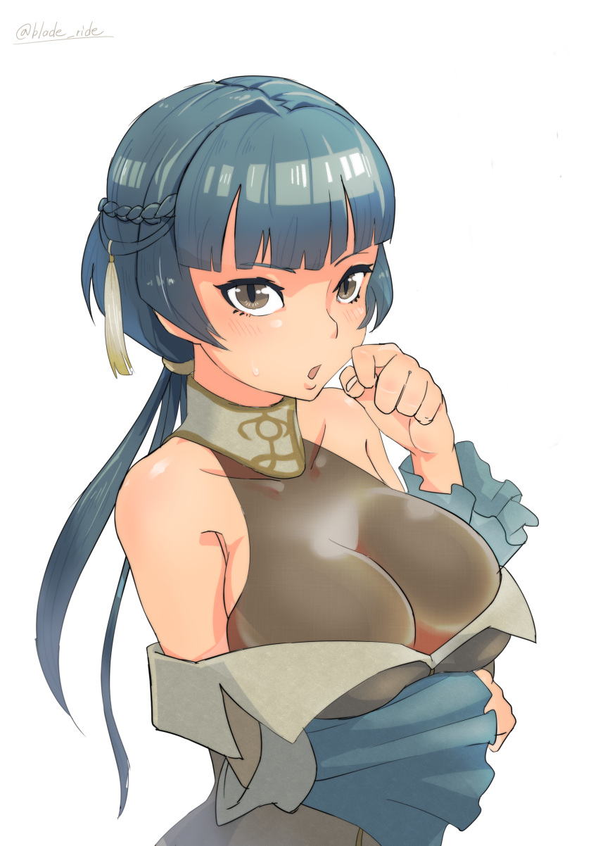 1girl artist_name athena_(fire_emblem) blade_ride blue_hair blush breasts brown_eyes cleavage fire_emblem fire_emblem:_mystery_of_the_emblem fire_emblem:_shin_monshou_no_nazo highres large_breasts long_hair low_ponytail open_mouth simple_background solo upper_body white_background