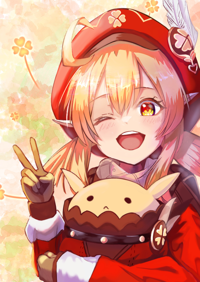 1girl ;d absurdres ahoge bangs blonde_hair brown_gloves brown_scarf cabbie_hat carrying clover_print coat commentary_request eyebrows_visible_through_hair genshin_impact gloves gradient gradient_background hair_between_eyes hat hat_feather hat_ornament highres ikumi_(1_9_3) klee_(genshin_impact) long_hair long_sleeves looking_at_viewer low_twintails one_eye_closed orange_eyes pointy_ears red_coat red_headwear scarf sidelocks simple_background smile solo stuffed_animal stuffed_toy twintails v
