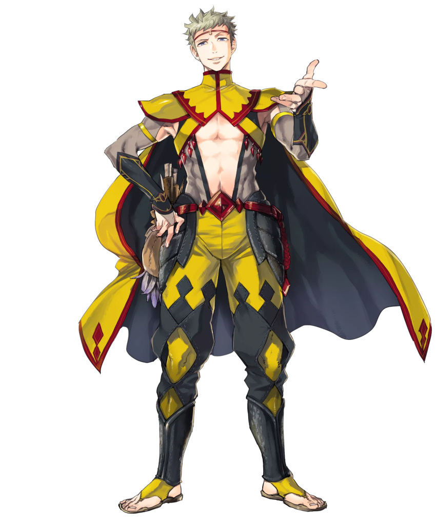 1boy abs blonde_hair cape circlet earrings feathers fire_emblem fire_emblem_heroes fire_emblem_if full_body highres jewelry male_focus navel odin_(fire_emblem_if) official_art pectorals sandals solo suekane_kumiko translucent transparent_background violet_eyes