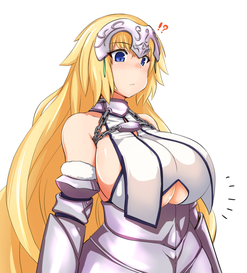!? 1girl :&lt; adapted_costume armor armored_dress blonde_hair blue_eyes breasts chains commentary_request fate/grand_order fate_(series) fur_trim gauntlets headpiece huge_breasts isemagu long_hair ruler_(fate/apocrypha) sideboob simple_background solo under_boob very_long_hair white_background
