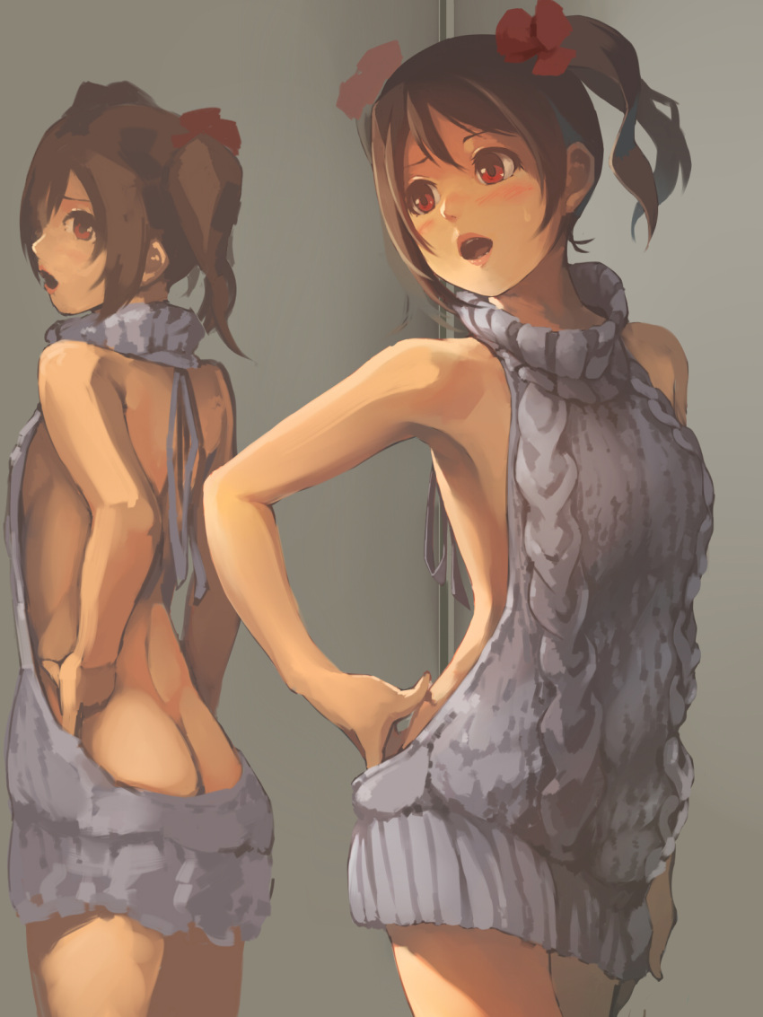 1girl :o ass backless_outfit bangs bare_back black_hair blush bow butt_crack commentary_request dress foge hair_bow hand_on_hip highres looking_at_mirror love_live! love_live!_school_idol_project mirror no_bra red_bow red_eyes reflection solo sweater sweater_dress twintails virgin_killer_sweater yazawa_nico
