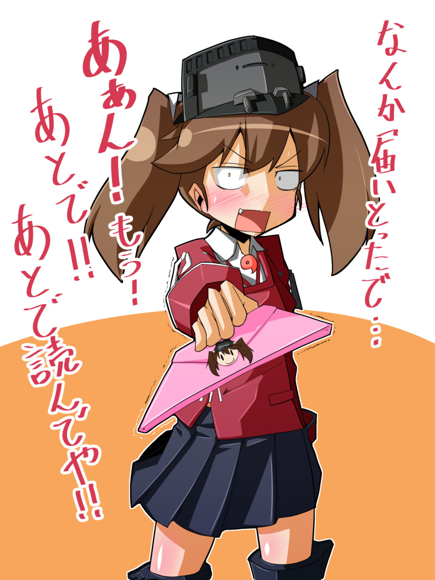 1girl blush brown_eyes brown_hair constricted_pupils embarrassed fang highres japanese_clothes kantai_collection kariginu letter magatama miniskirt moyachii open_mouth pleated_skirt ryuujou_(kantai_collection) skirt solo sticker translation_request trembling twintails visor_cap