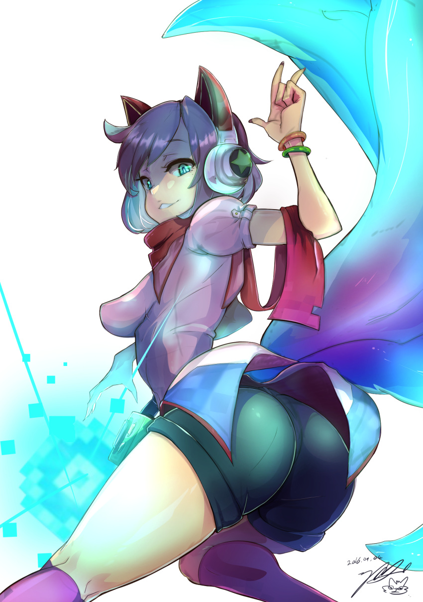 ahri alternate_costume alternate_hairstyle animal_ears arcade_ahri ass bangle blue_eyes bracelet breasts fingernails fox_ears fox_tail from_behind headphones highres jewelry league_of_legends looking_at_viewer looking_back multiple_tails parted_lips pixels purple_hair red_scarf scarf short_hair short_sleeves shorts simple_background smile tail thighs white_background wwwazxc