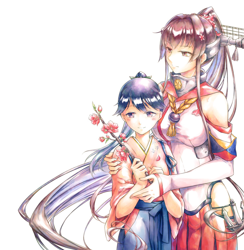 2girls anchor_symbol bare_shoulders black_hair blue_eyes branch brown_eyes brown_hair flower hair_flower hair_ornament headgear height_difference high_ponytail highres houshou_(kantai_collection) kantai_collection long_hair momijiyoung multiple_girls sleeves_past_wrists very_long_hair yamato_(kantai_collection)