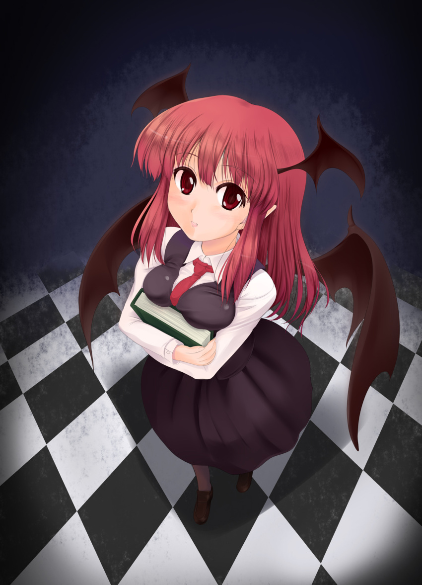 1girl bat_wings blush book book_hug breast_press breasts checkered checkered_floor collared_shirt dress_shirt eyebrows_visible_through_hair from_above full_body head_wings highres holding holding_book koakuma lips loafers long_hair looking_at_viewer necktie nekohane_ryou pantyhose red_eyes red_necktie redhead shirt shoes skirt skirt_set solo touhou vest white_shirt wings