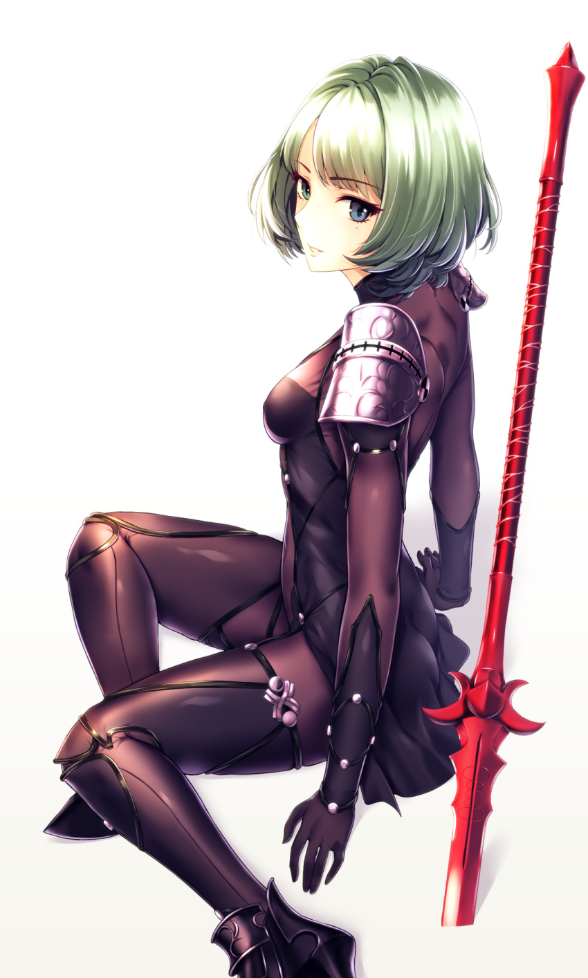1girl ankle_boots armor arms_at_sides ass black_boots blue_eyes bodysuit boots breasts cosplay erect_nipples eyebrows_visible_through_hair fate/grand_order fate_(series) gae_bolg green_eyes green_hair heterochromia highres idolmaster idolmaster_cinderella_girls infinote looking_at_viewer parted_lips polearm purple_bodysuit scathach_(fate/grand_order) scathach_(fate/grand_order)_(cosplay) shiny shiny_hair short_hair shoulder_blades shoulder_pads simple_background sitting skin_tight small_breasts smile solo spear takagaki_kaede weapon white_background yokozuwari