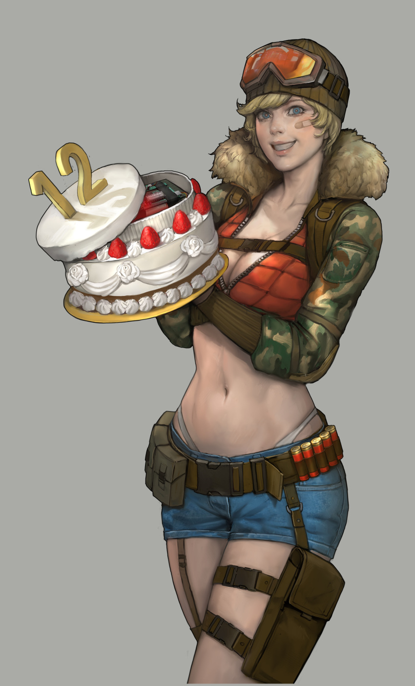 1girl absurdres bandaid bandaid_on_face beanie belt birthday_cake blonde_hair blue_eyes bomb breasts cake camouflage character_request cleavage food fur_trim grey_background grin hat highres large_breasts lips midriff namgwon_lee navel point_blank_(game) short_hair short_shorts shorts smile solo thigh_strap thong