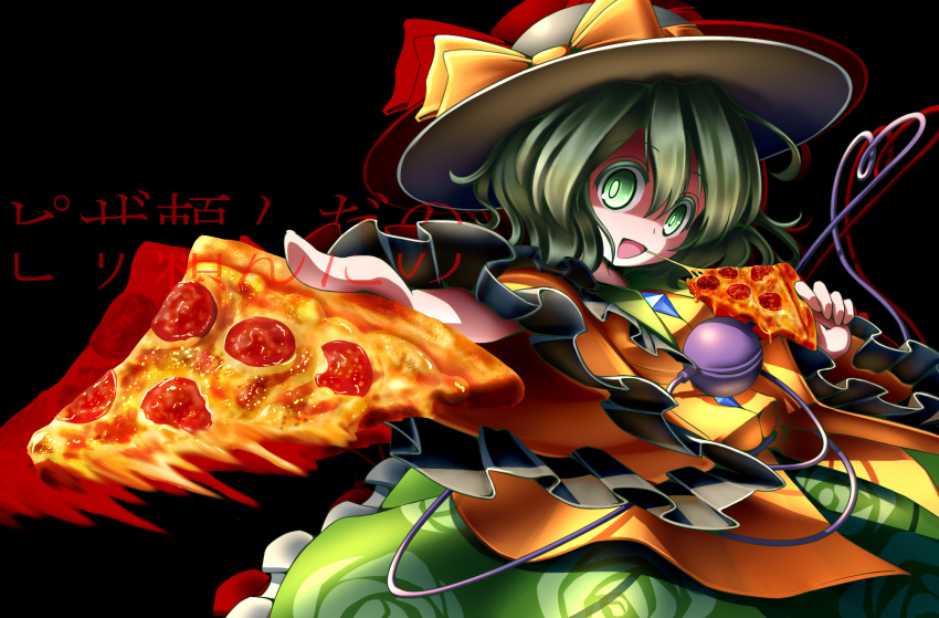 1girl :d black_background blouse colored_eyelashes commentary creepy_eyes eating floral_print food frilled_sleeves frills green_eyes green_hair green_skirt hat hat_ribbon highres komeiji_koishi long_sleeves open_mouth parody pizza ribbon shaded_face simple_background skirt slice_of_pizza sliced smile solo third_eye touhou translated urban_legend_in_limbo wide_sleeves yagyu-pix yellow_blouse