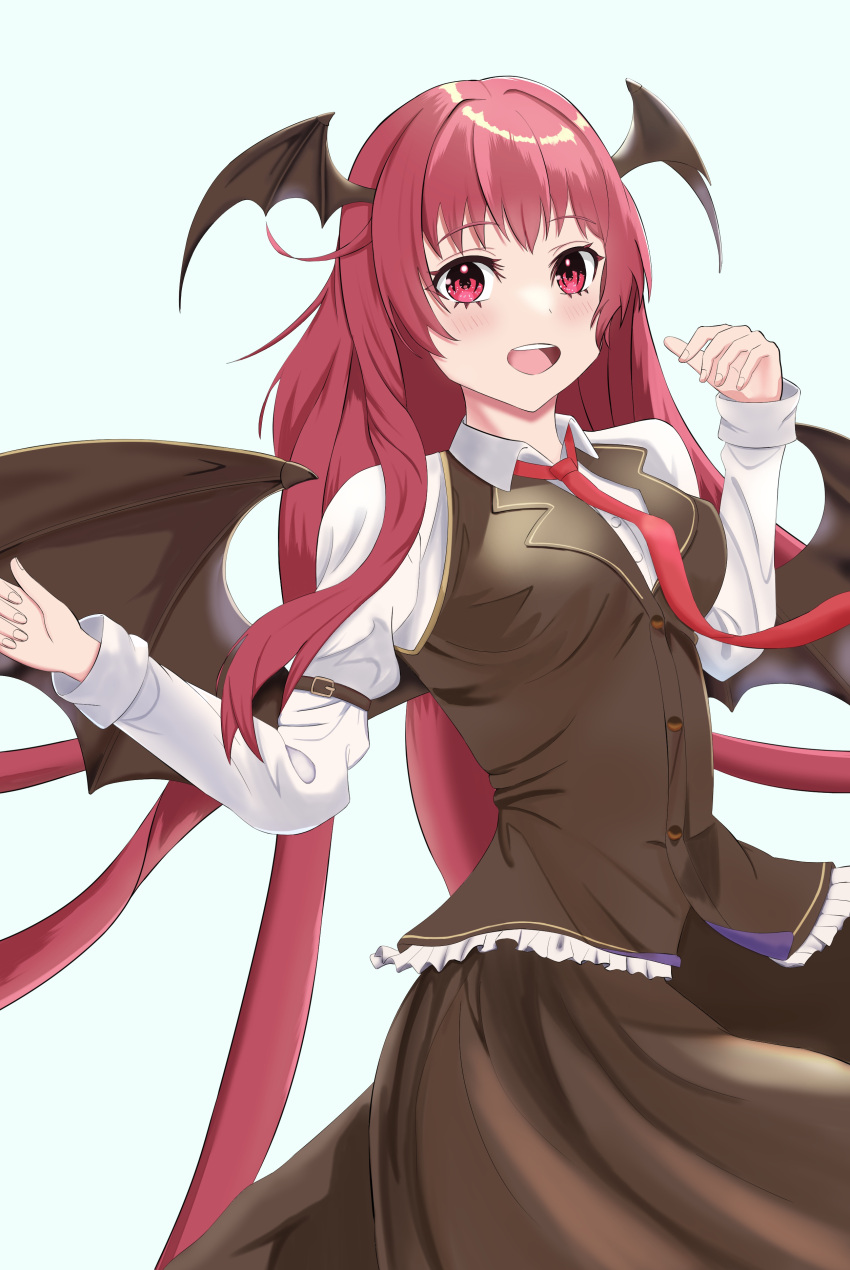 1girl :d absurdres arm_belt arm_up artist_request bat_wings blue_background blush breasts brown_skirt brown_vest buttons collared_shirt cowboy_shot dot_nose dress_shirt eyelashes frilled_vest frills head_wings highres juliet_sleeves koakuma long_hair long_sleeves looking_at_viewer medium_breasts necktie puffy_sleeves red_eyes red_necktie redhead shirt sidelocks simple_background skirt skirt_set smile solo teeth touhou upper_teeth_only very_long_hair vest white_shirt wings