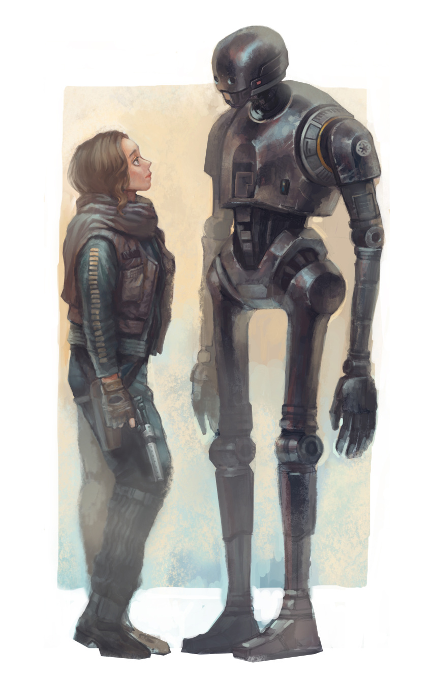1girl absurdres artist_request boots brown_hair energy_gun fingerless_gloves galactic_empire gloves highres insignia jyn_erso k-2so ray_gun realistic rebel_alliance robot rogue_one:_a_star_wars_story scarf science_fiction size_difference star_wars uniform vest weapon